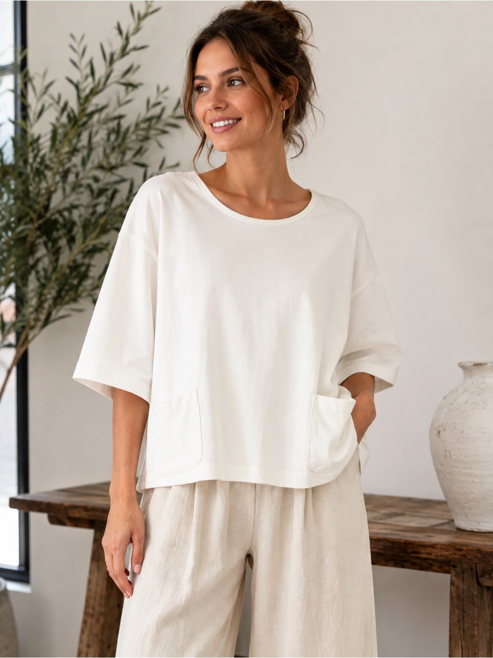 Bryn Walker Oversized Pocket Top | XXS | White Cotton | Made in USA | Minimalist